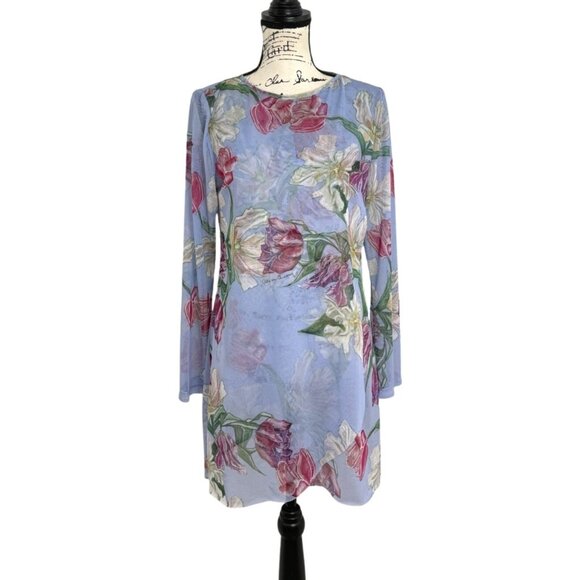 Ala Von Auersperg Diane Sheer Mesh Tunic Top Blue Floral Botanical Womens Size M - Picture 2 of 8